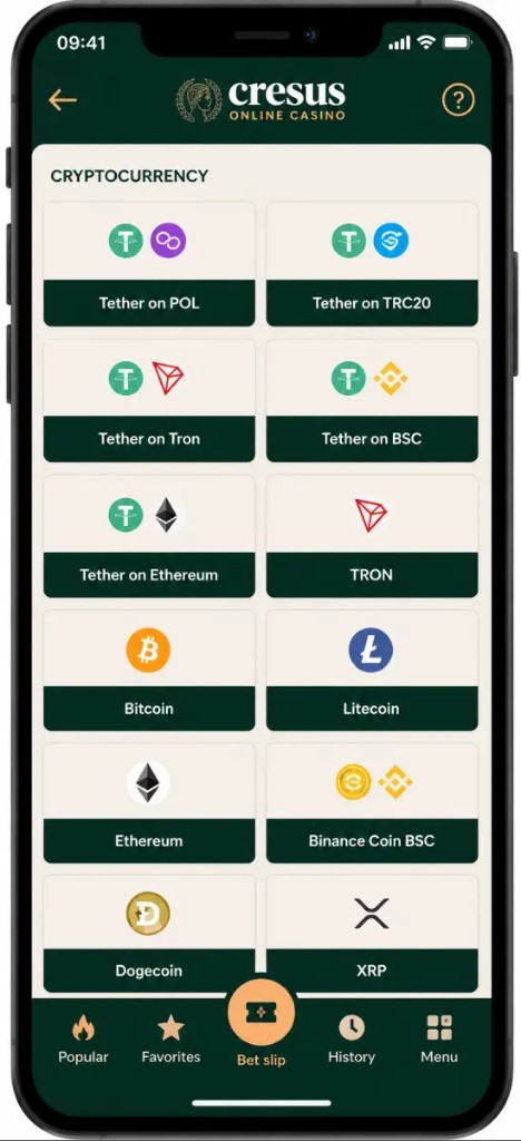 Cryptocurrency methods in the Cresus Casino app